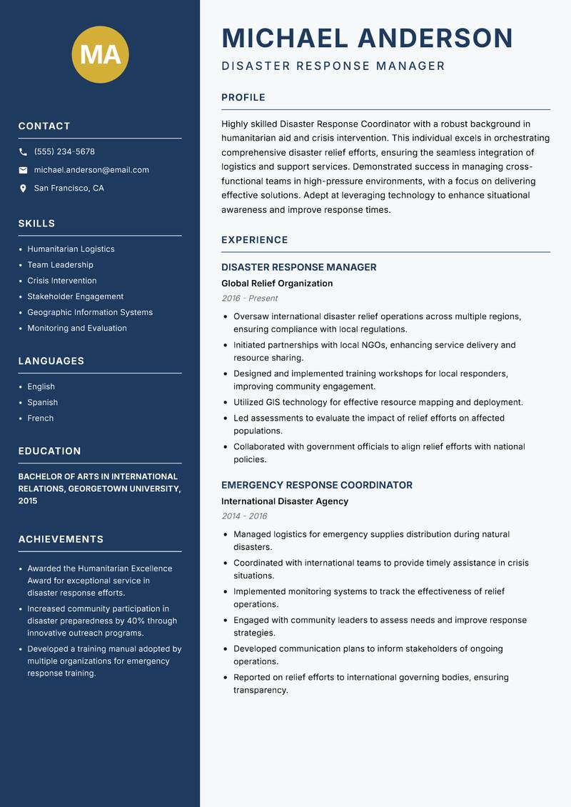 Disaster Response Coordinator resume template — Classic Clean