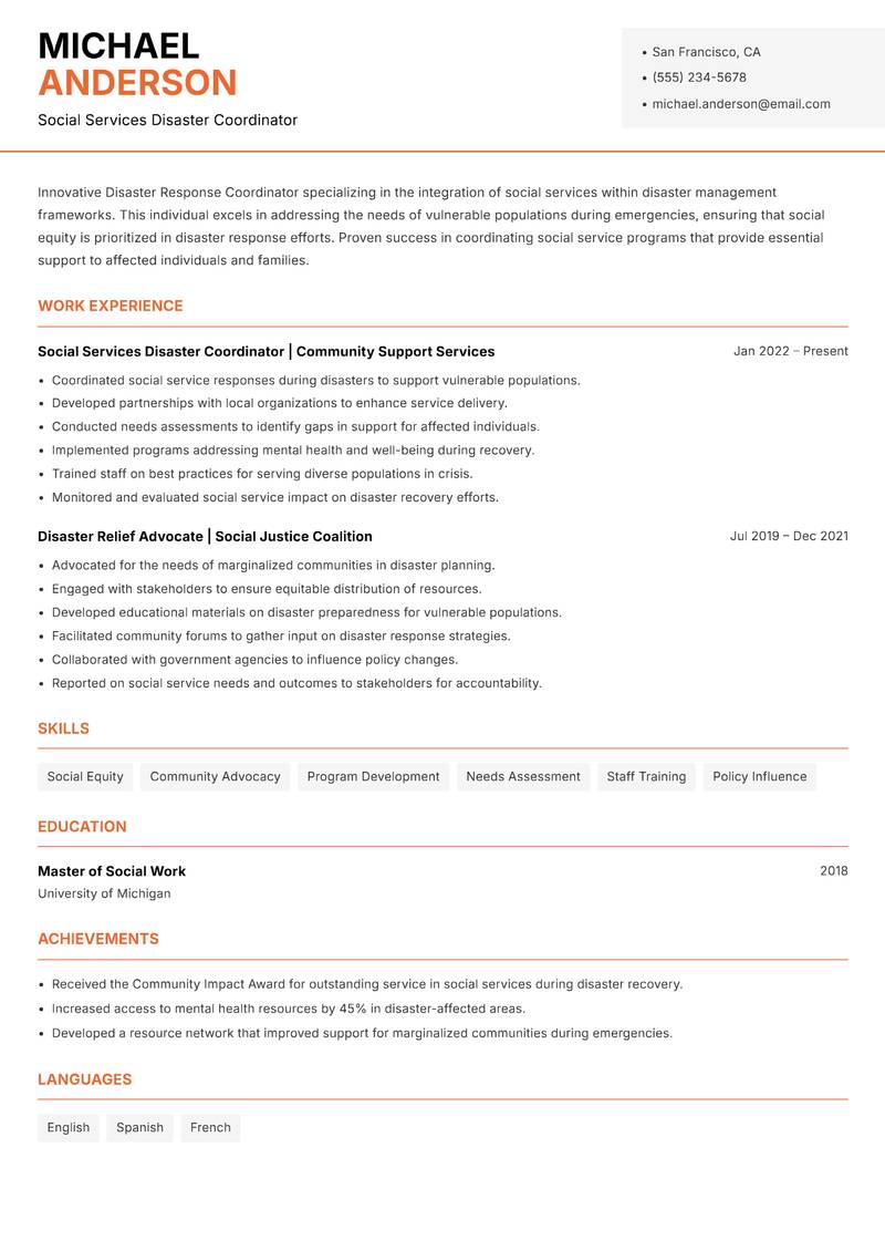 Disaster Response Coordinator resume template — Modern Professional