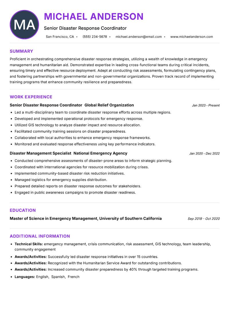 Disaster Response Officer resume example — ATS-friendly template
