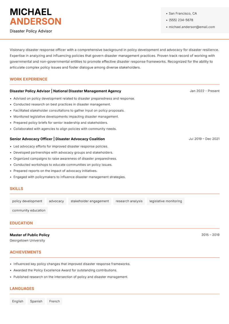 Disaster Response Officer resume template — Modern Professional