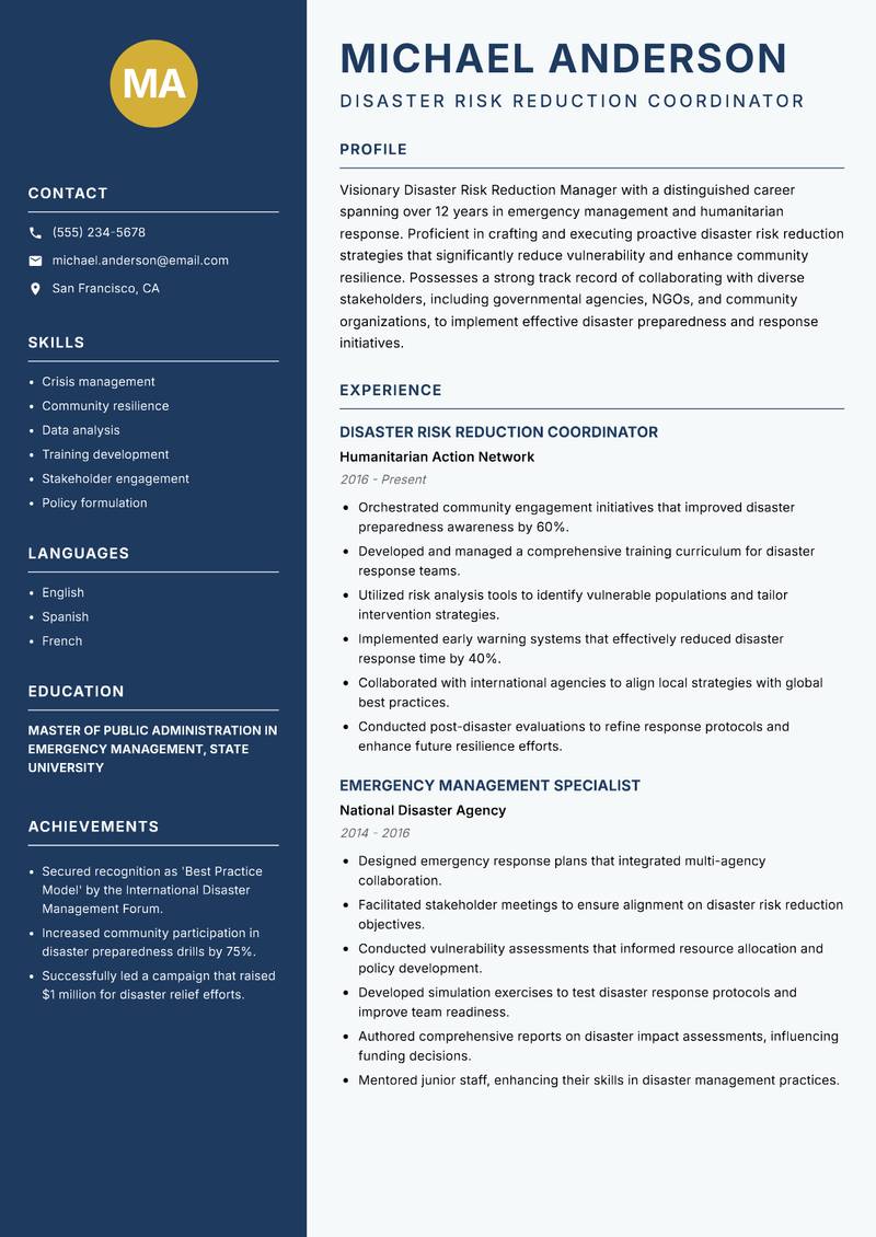 Disaster Risk Reduction Manager resume template — Classic Clean
