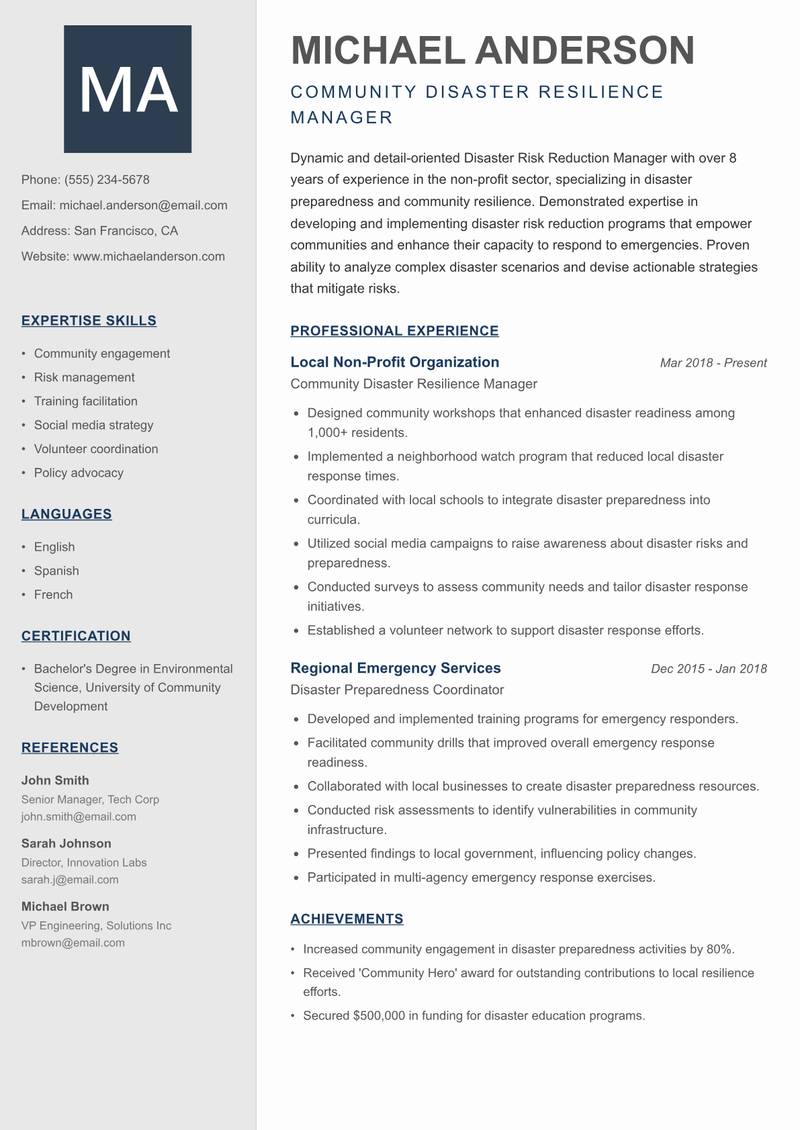 Disaster Risk Reduction Manager resume template — Creative Minimal