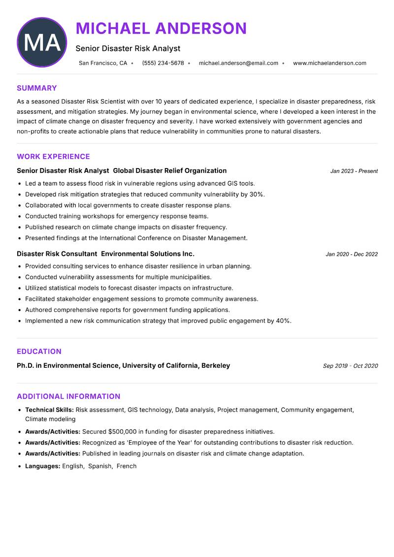 Disaster Risk Scientist resume example — ATS-friendly template