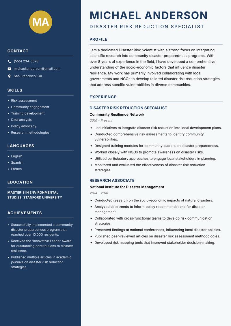 Disaster Risk Scientist resume template — Classic Clean