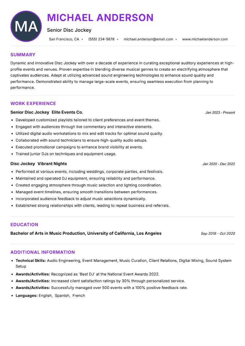 Disc Jockey resume example — ATS-friendly template
