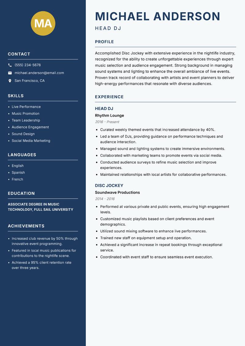 Disc Jockey resume template — Classic Clean