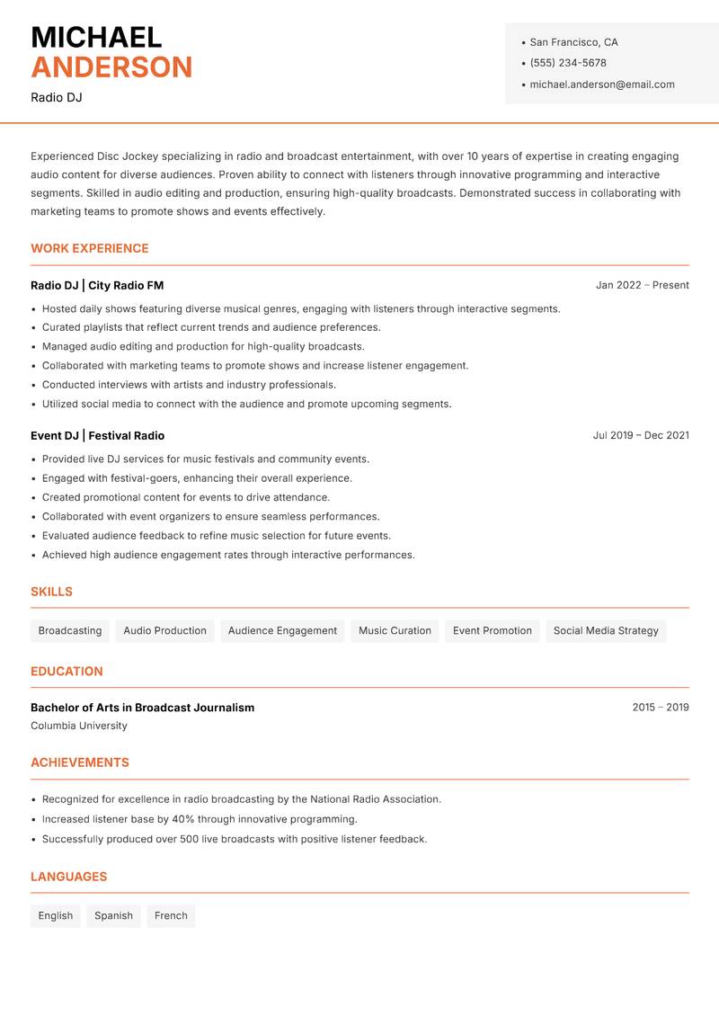 Disc Jockey resume template — Modern Professional