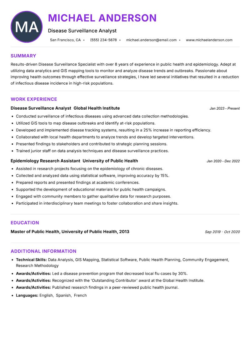 Disease Surveillance Specialist resume example — ATS-friendly template