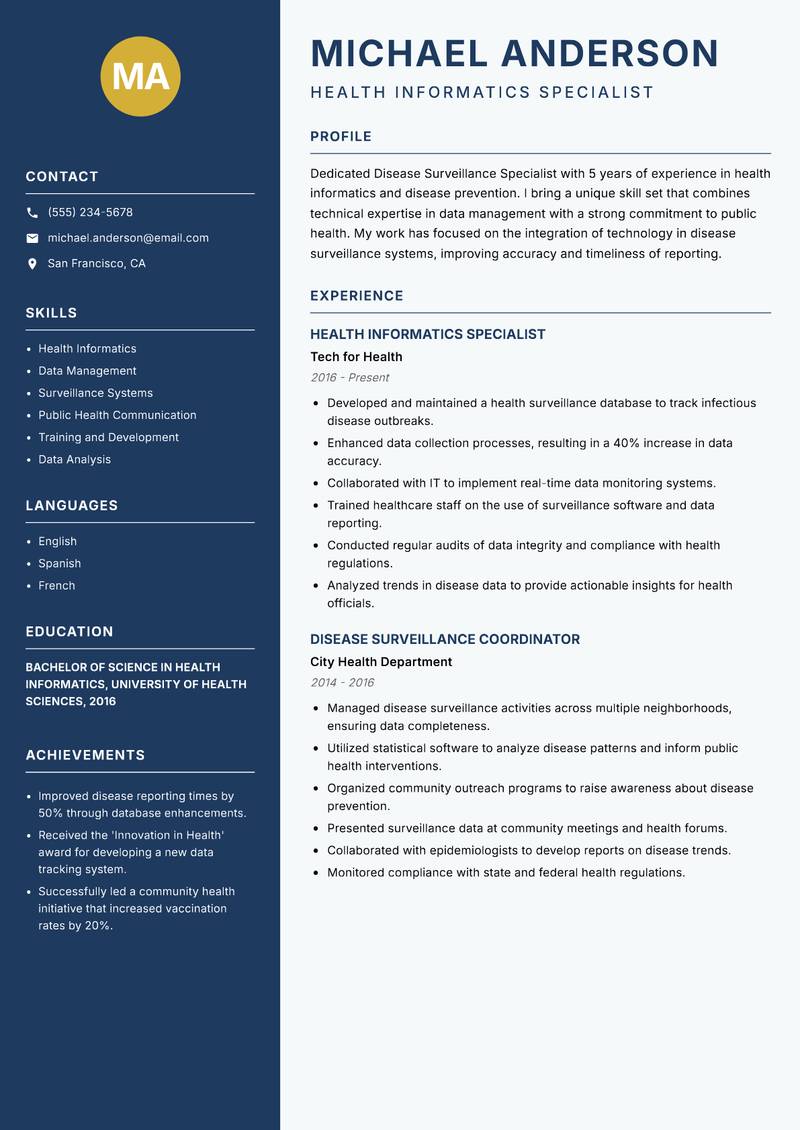 Disease Surveillance Specialist resume template — Classic Clean