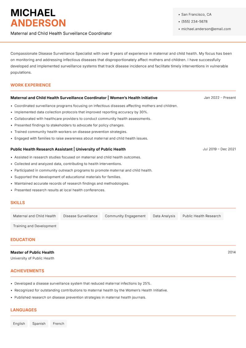Disease Surveillance Specialist resume template — Modern Professional
