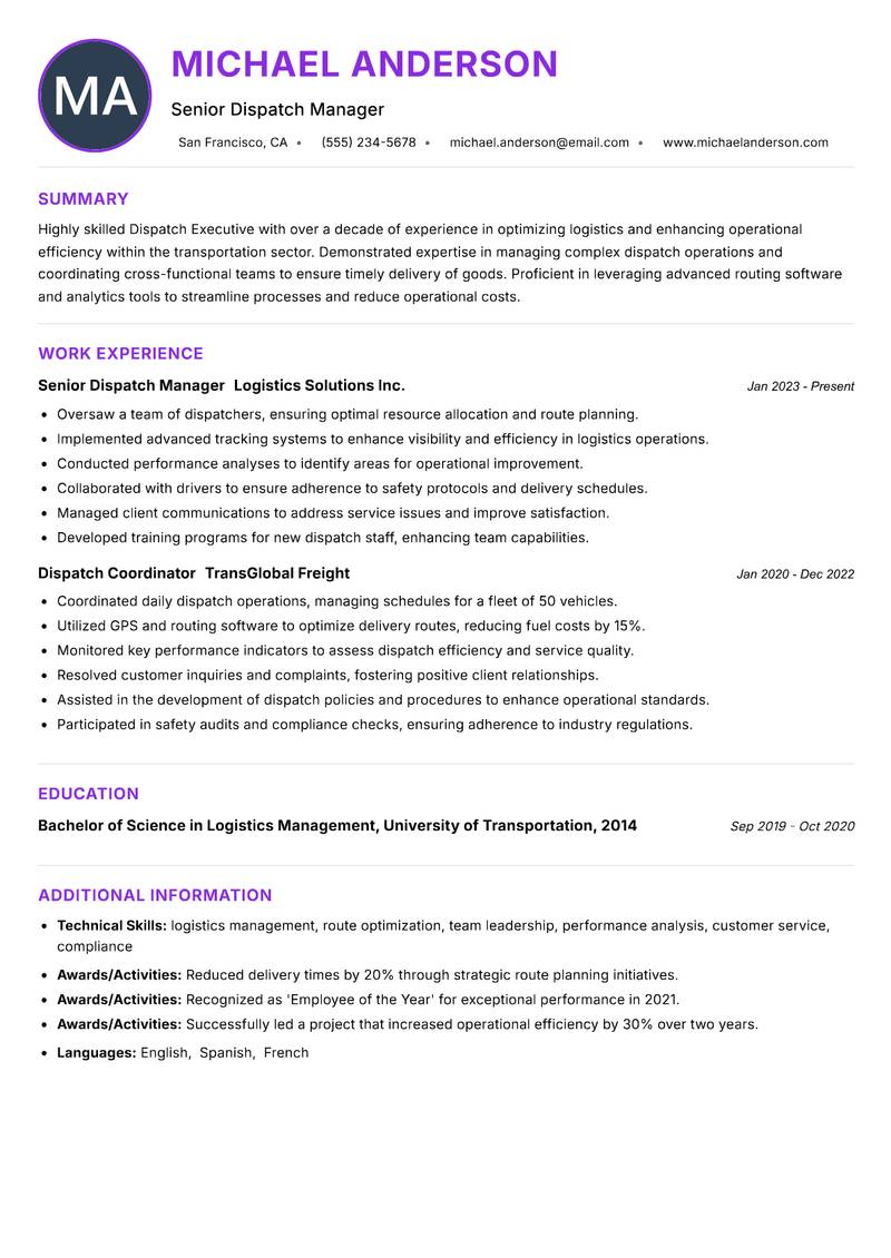 Dispatch Executive resume example — ATS-friendly template