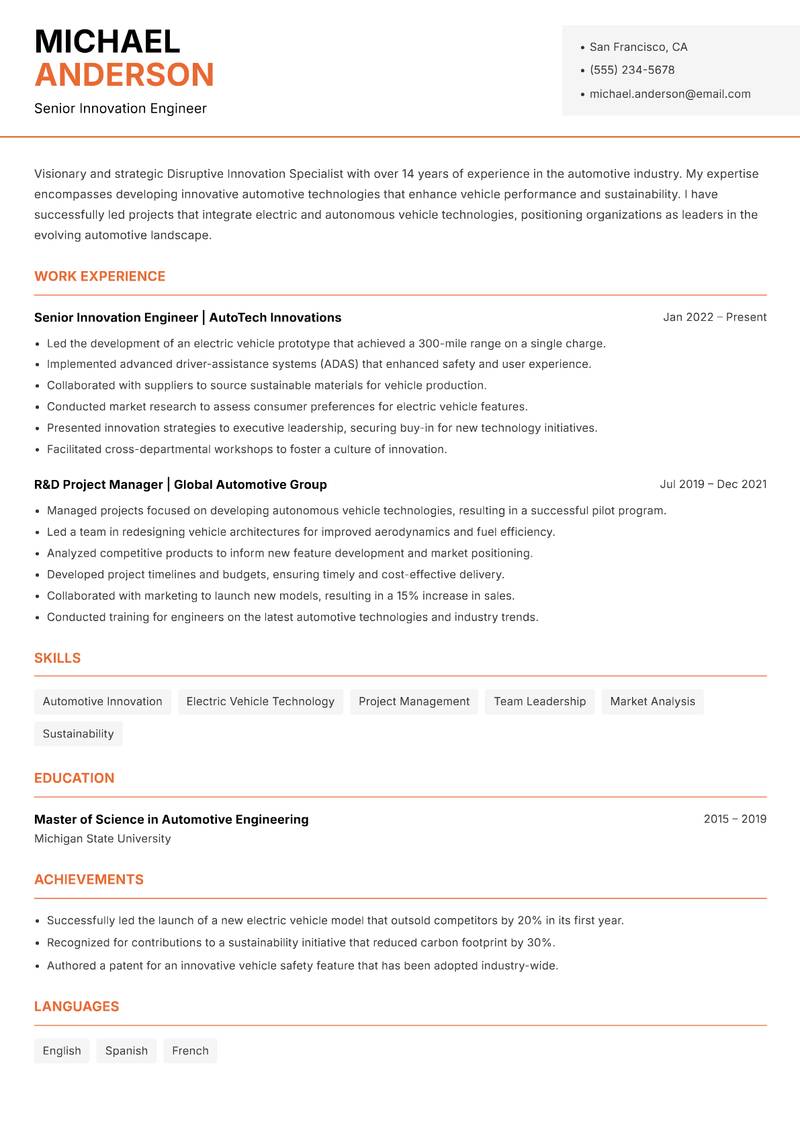 Disruptive Innovation Specialist resume template — Modern Professional
