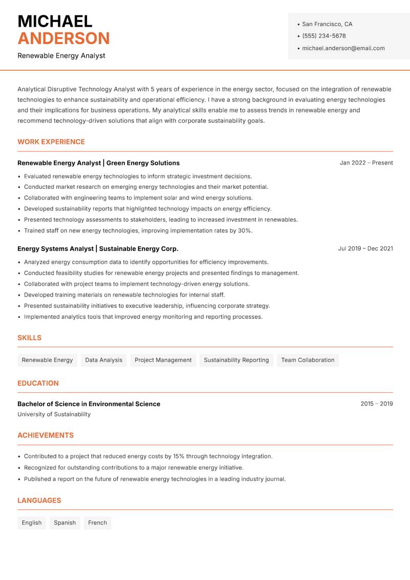 Disruptive Technology Analyst resume template — Modern Professional