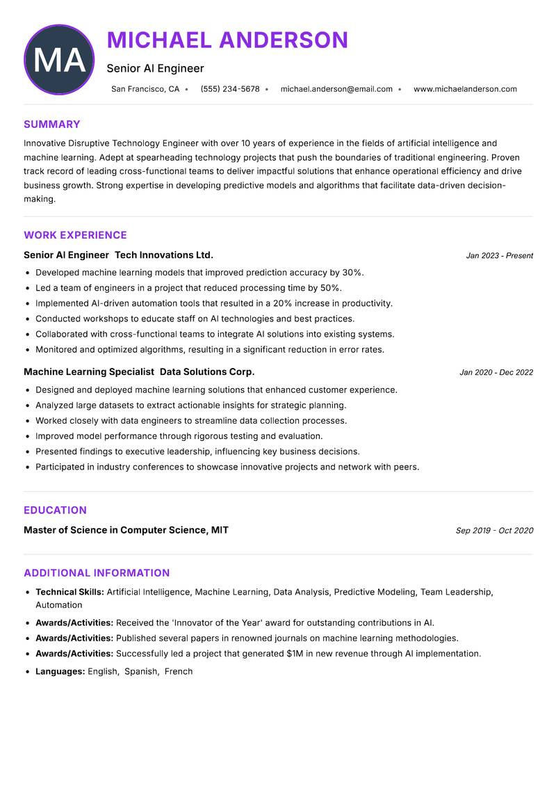 Disruptive Technology Engineer resume example — ATS-friendly template
