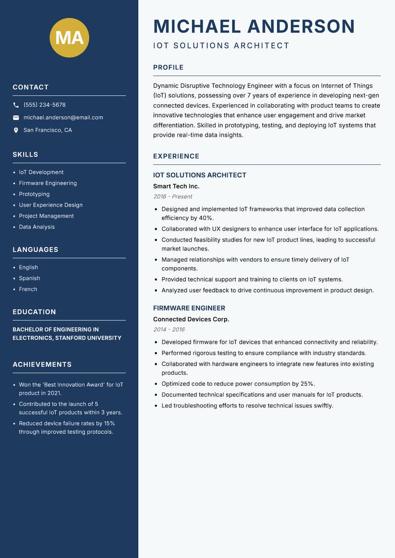 Disruptive Technology Engineer resume template — Classic Clean