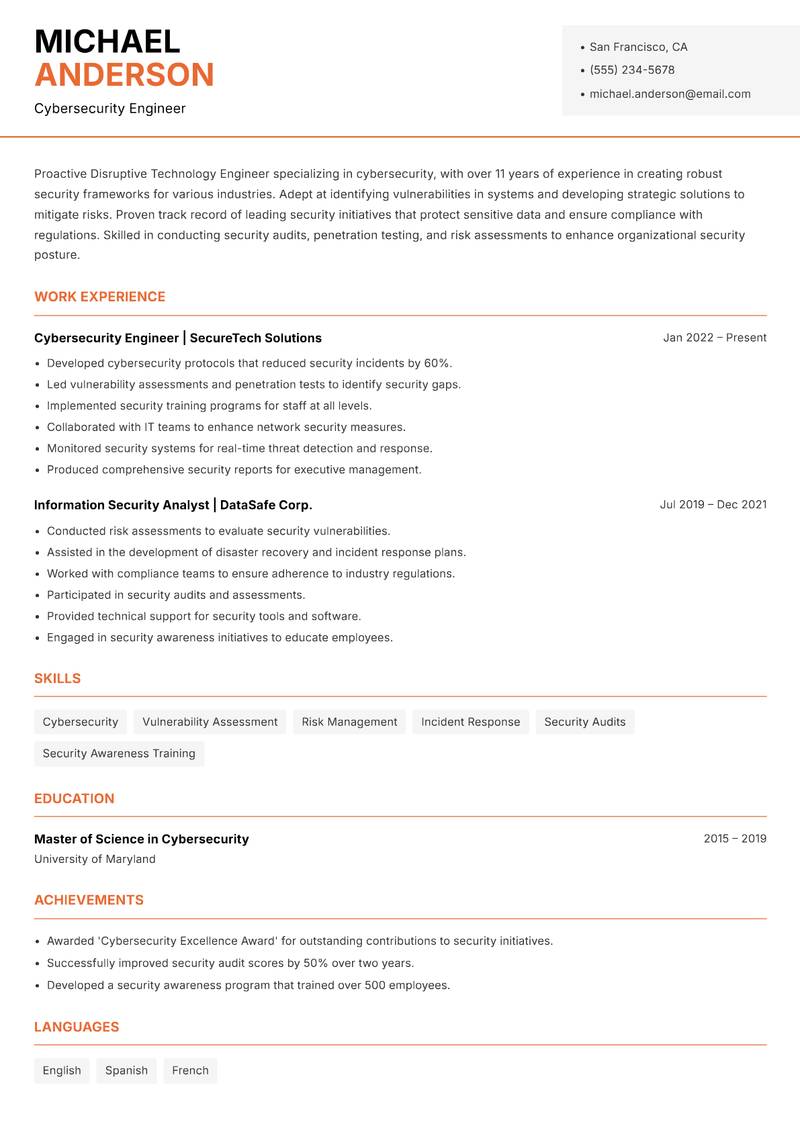 Disruptive Technology Engineer resume template — Modern Professional