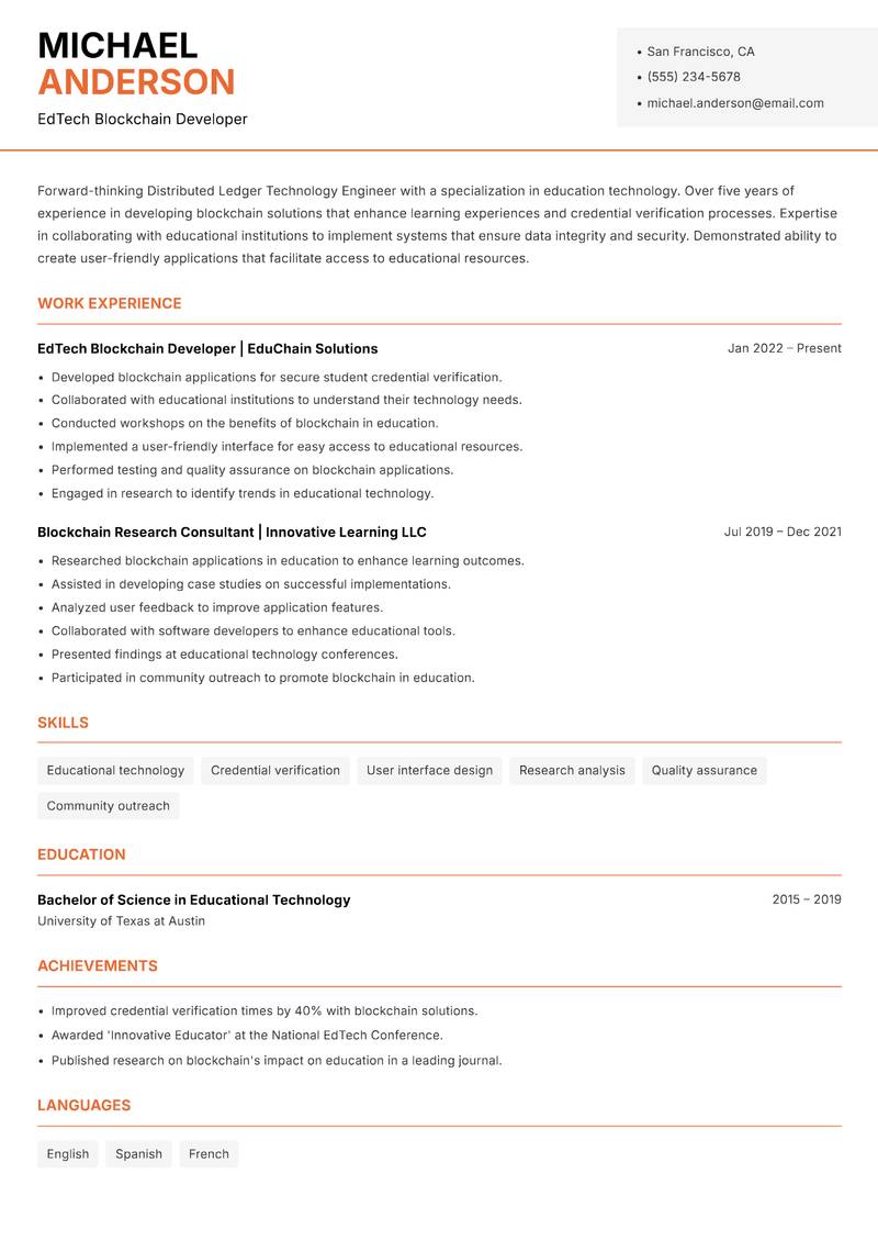 Distributed Ledger Technology Engineer resume template — Modern Professional