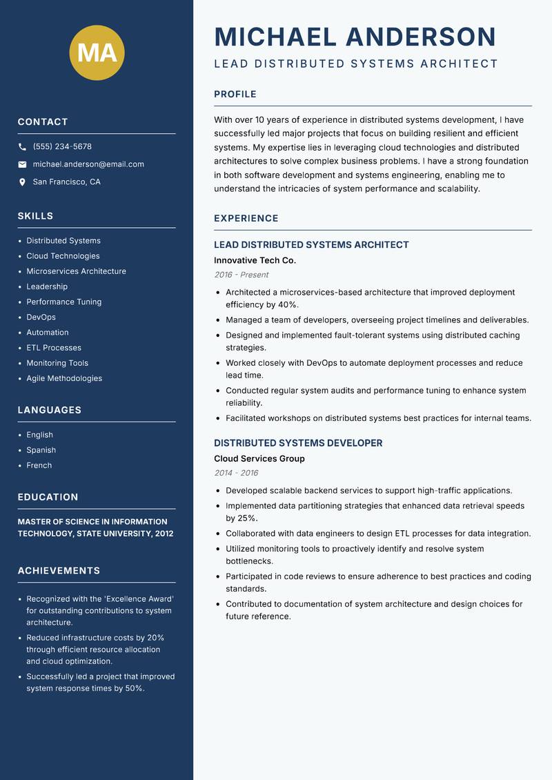 Distributed Systems Developer resume template — Classic Clean
