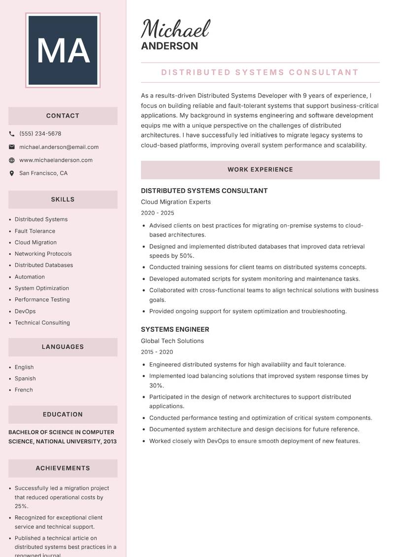 Distributed Systems Developer resume template — Executive