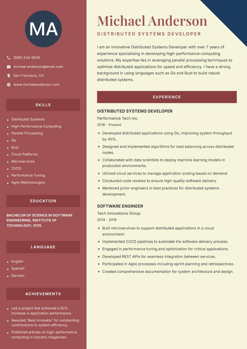 Distributed Systems Developer resume template — Two Column