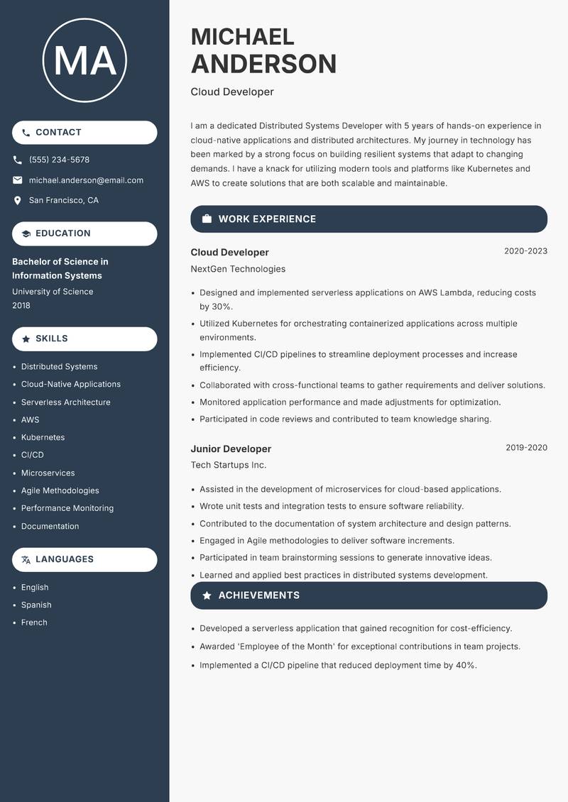 Distributed Systems Developer resume template — Compact