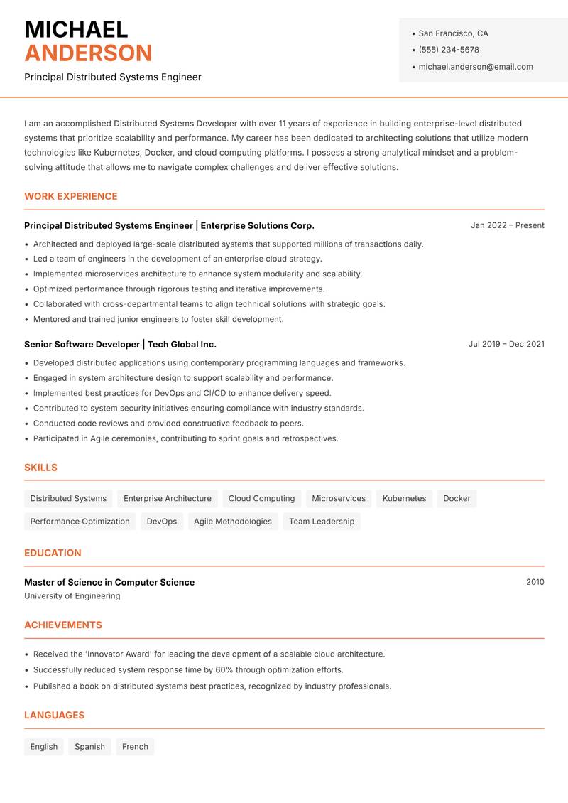 Distributed Systems Developer resume template — Modern Professional