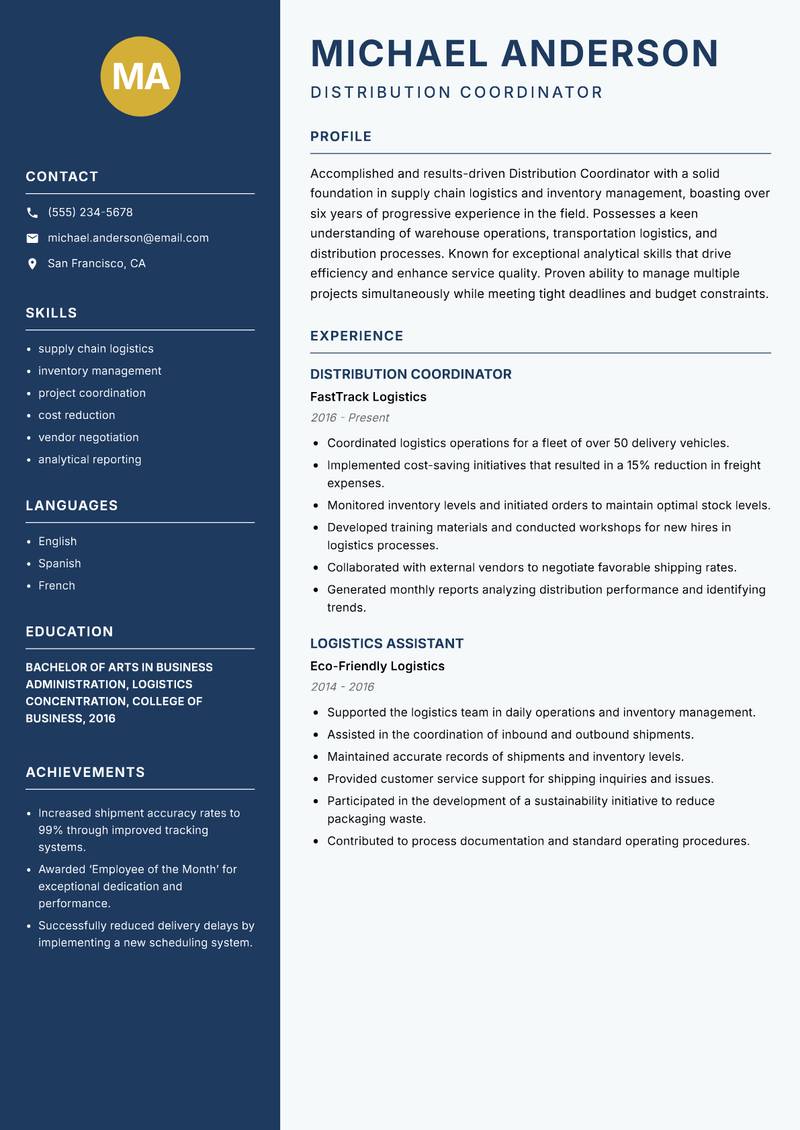 Distribution Coordinator resume template — Classic Clean