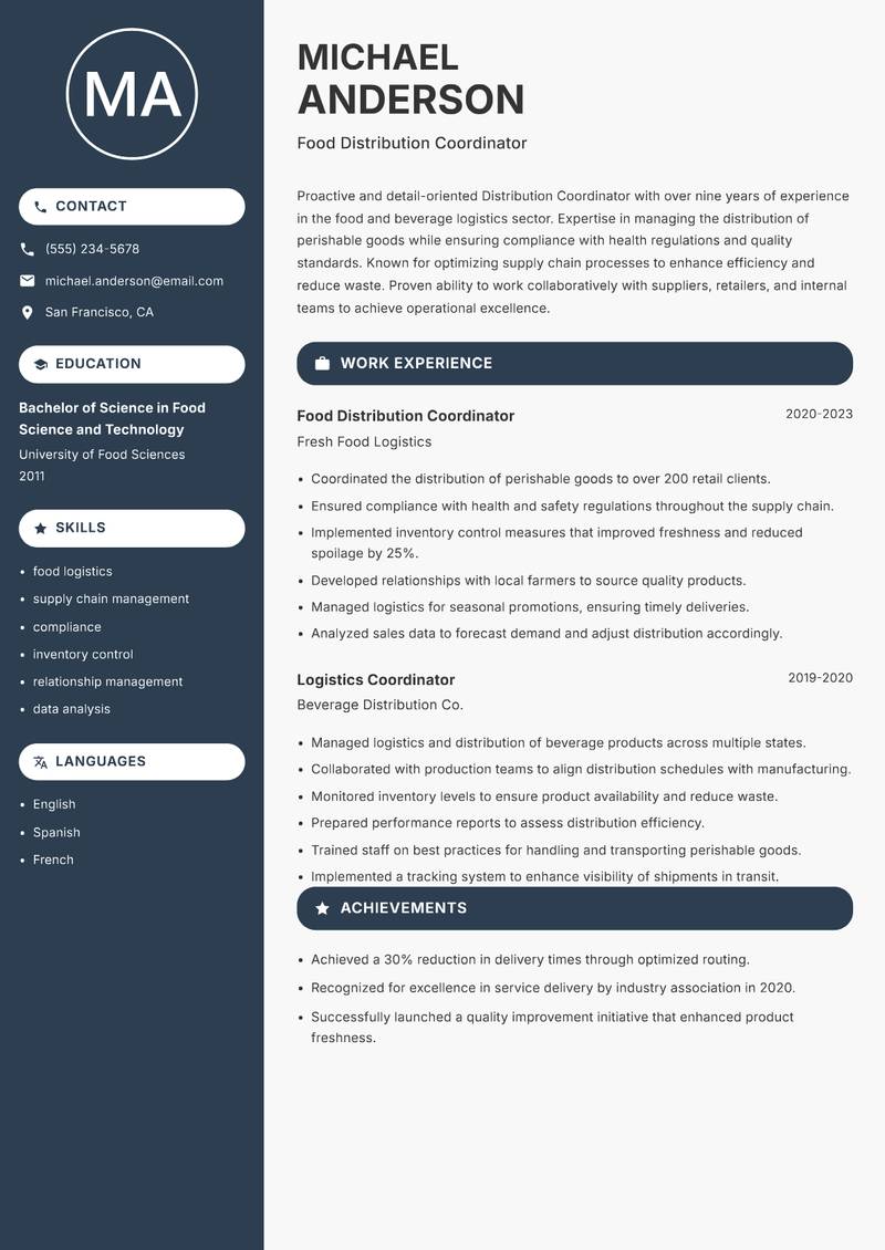 Distribution Coordinator resume template — Compact