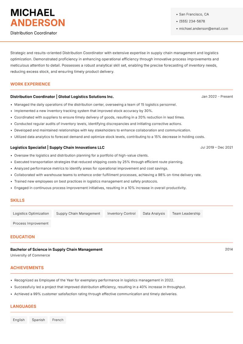 Distribution Coordinator resume template — Modern Professional