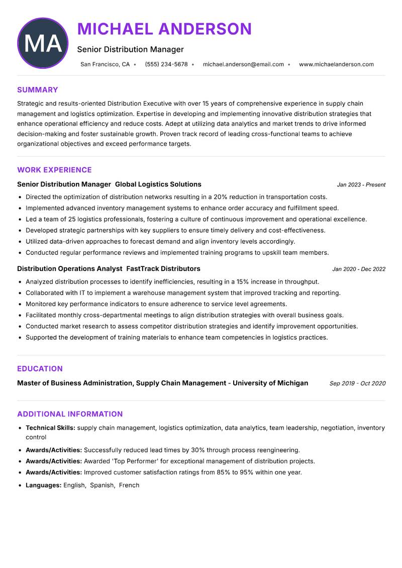 Distribution Executive resume example — ATS-friendly template