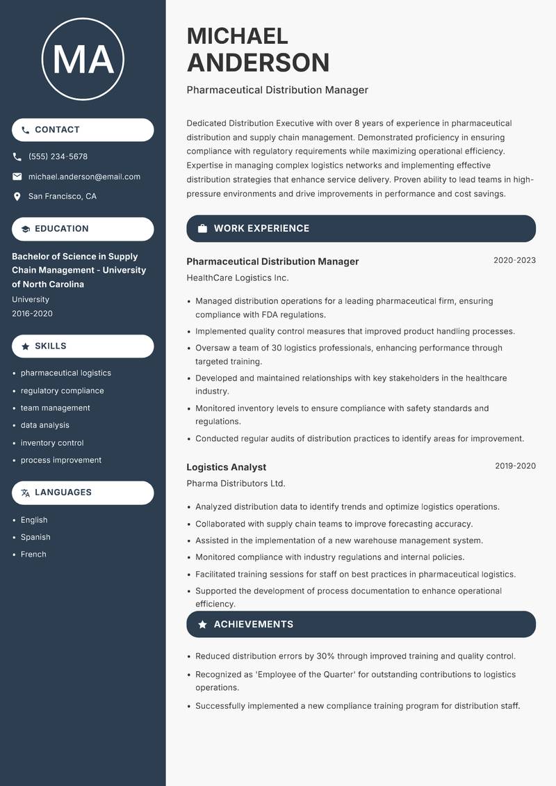 Distribution Executive resume template — Compact