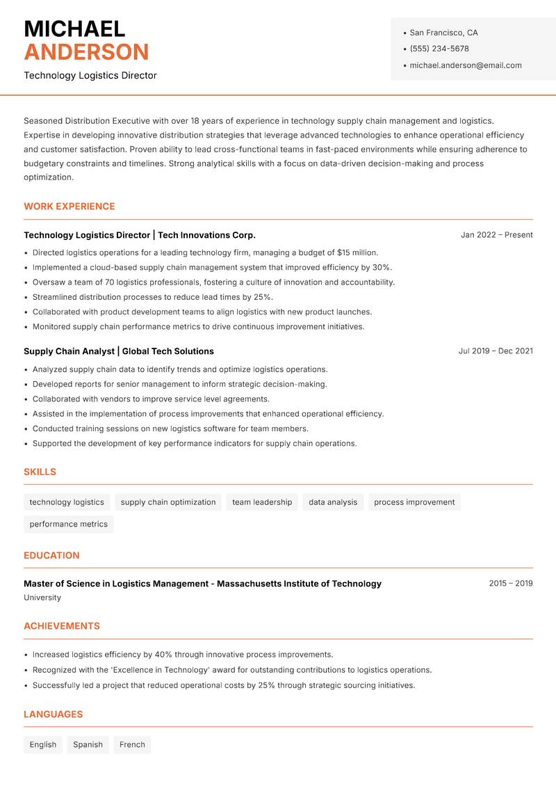 Distribution Executive resume template — Modern Professional