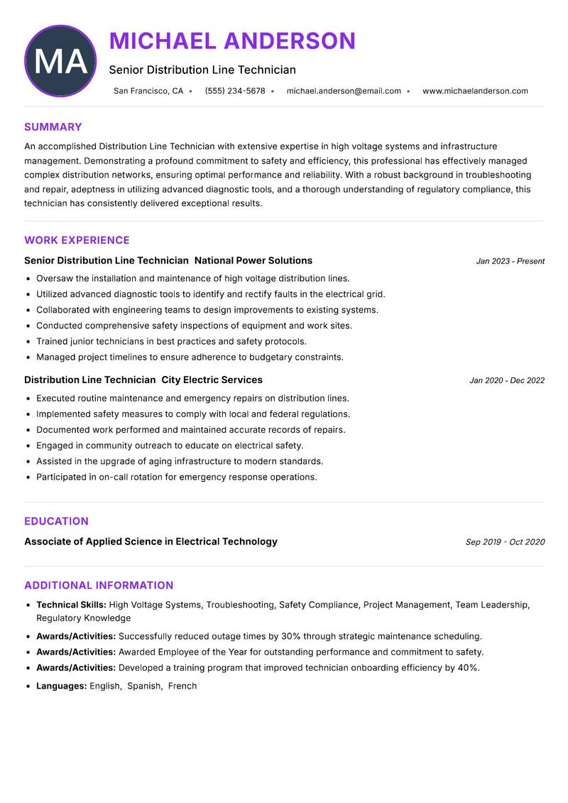 Distribution Line Technician resume example — ATS-friendly template