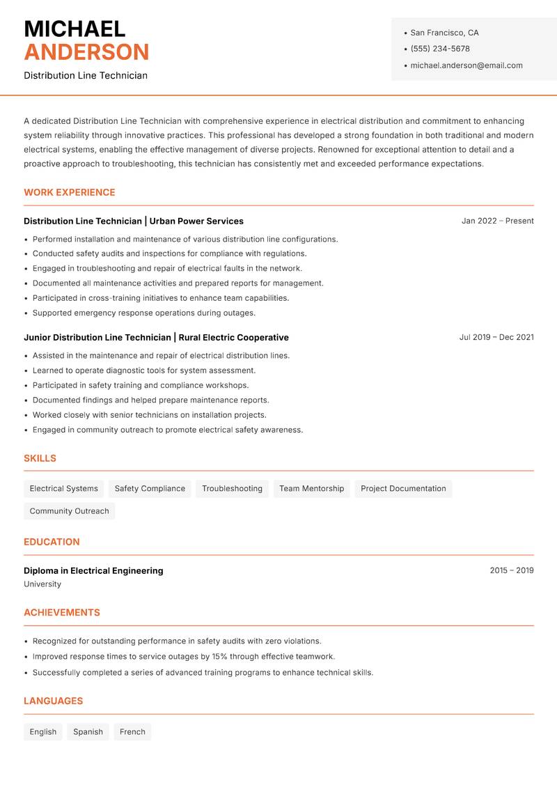 Distribution Line Technician resume template — Modern Professional