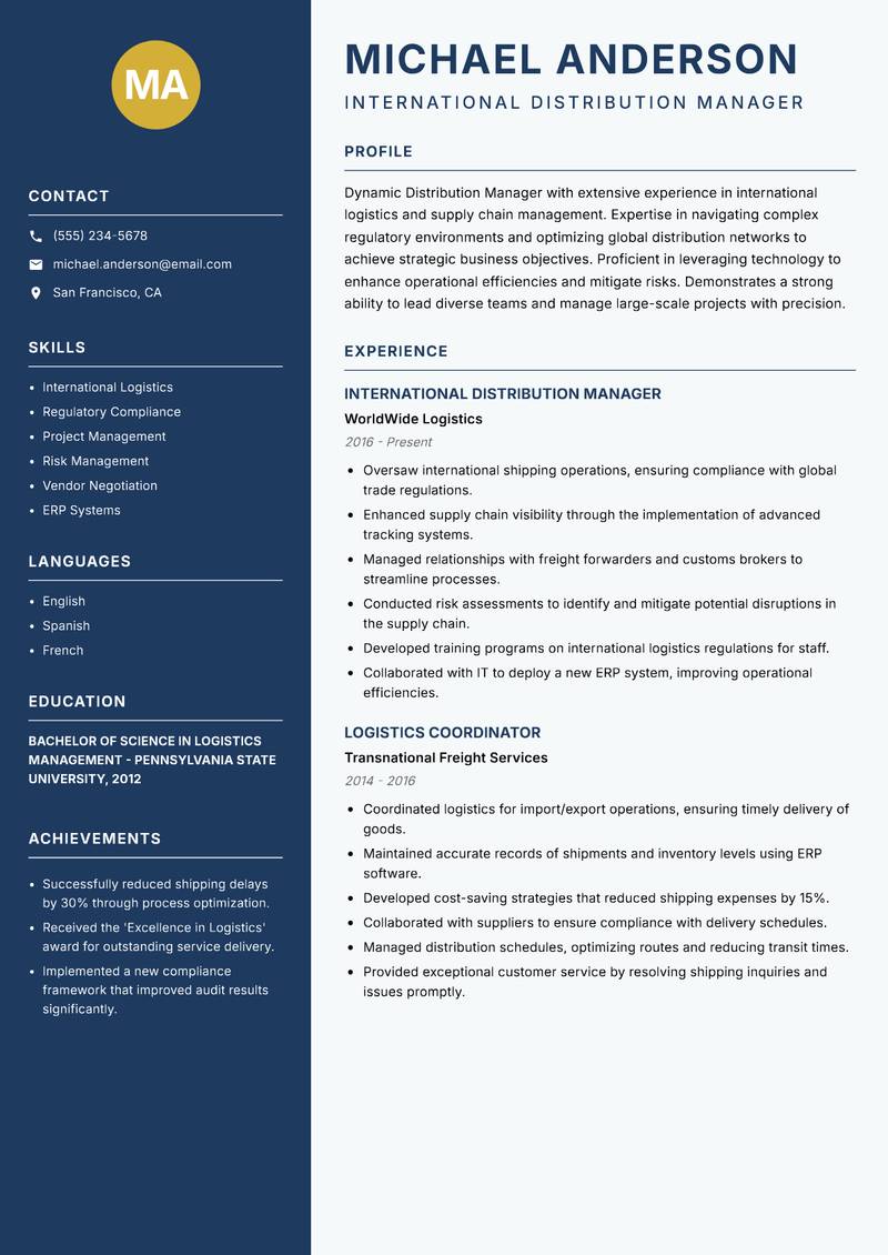 Distribution Manager resume template — Classic Clean