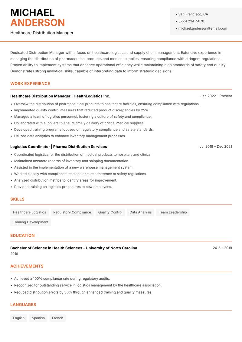 Distribution Manager resume template — Modern Professional