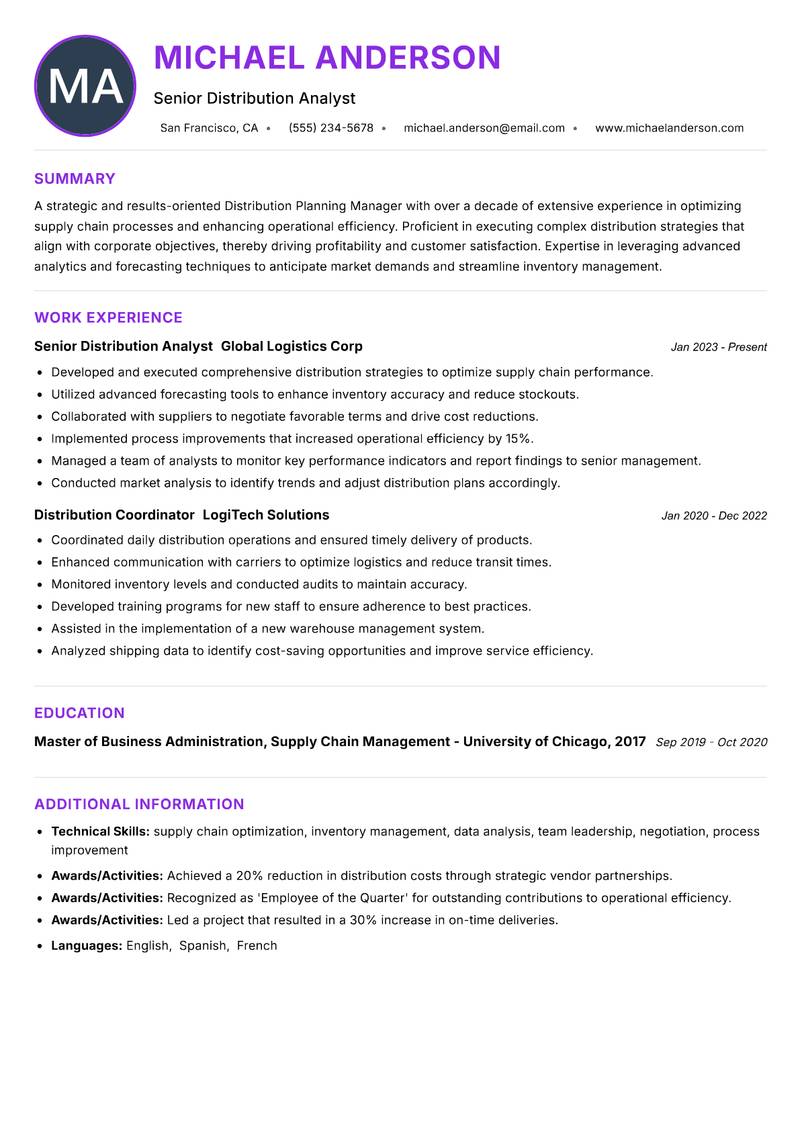 Distribution Planning Manager resume example — ATS-friendly template