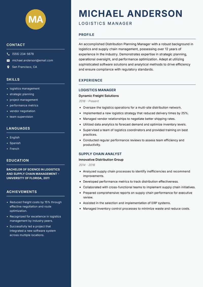 Distribution Planning Manager resume template — Classic Clean