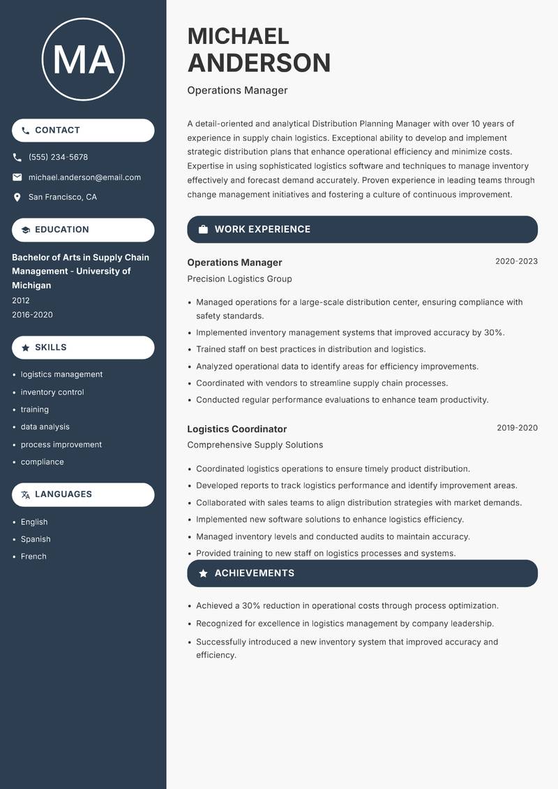 Distribution Planning Manager resume template — Compact
