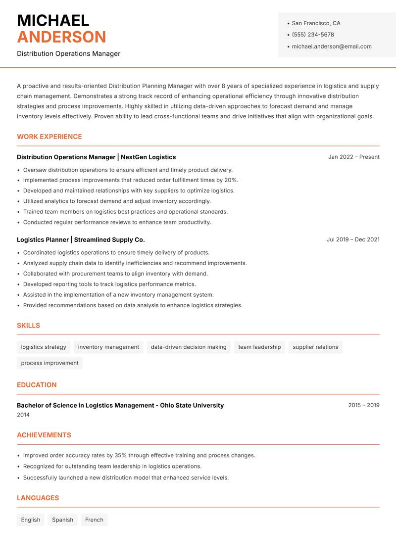 Distribution Planning Manager resume template — Modern Professional