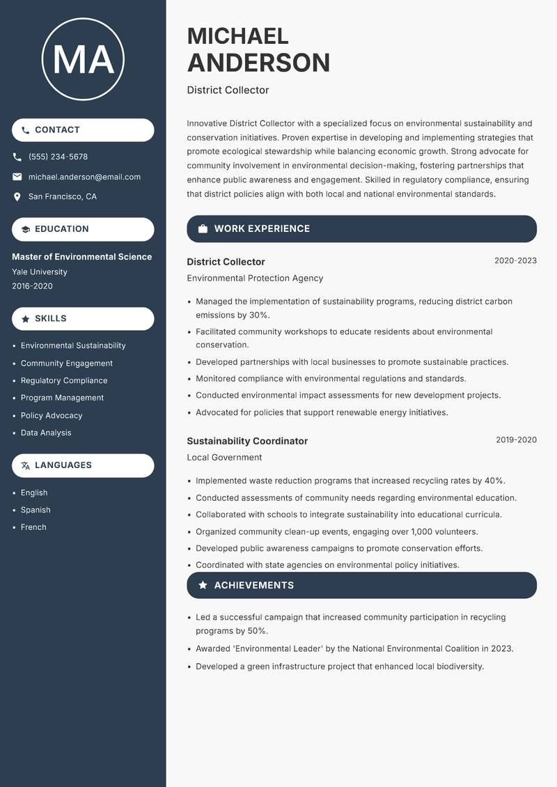 District Collector resume template — Compact
