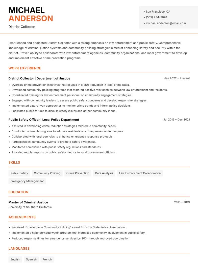District Collector resume template — Modern Professional
