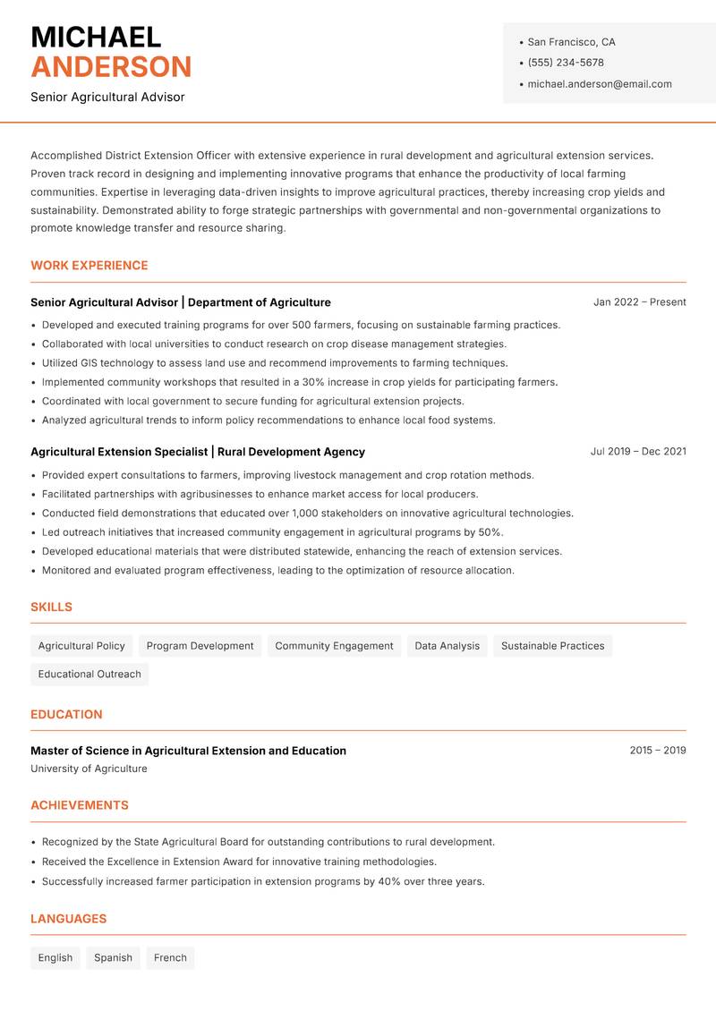 District Extension Officer resume template — Modern Professional
