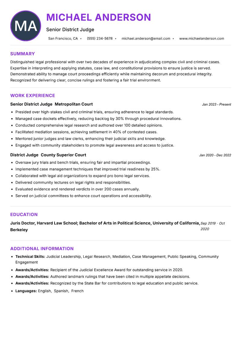 District Judge resume example — ATS-friendly template