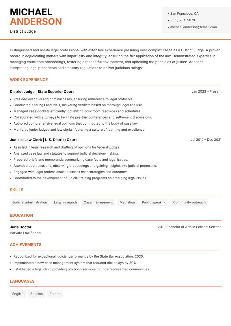 District Judge resume template — Modern Professional