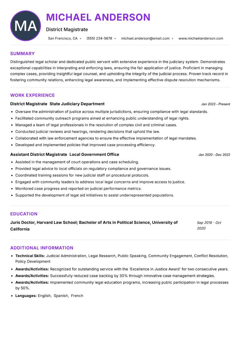 District Magistrate resume example — ATS-friendly template