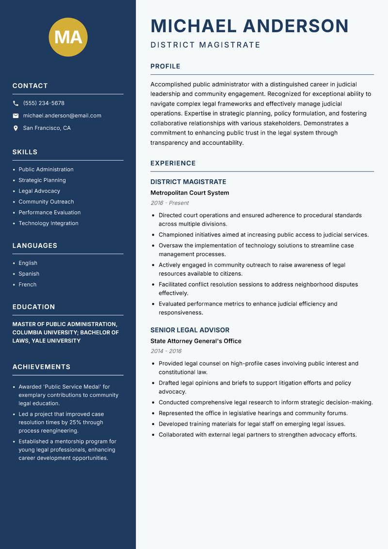 District Magistrate resume template — Classic Clean