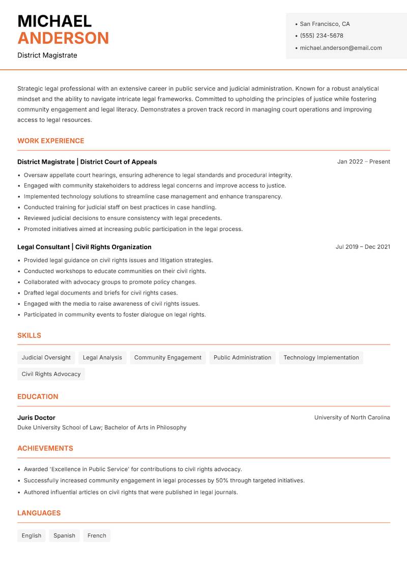 District Magistrate resume template — Modern Professional