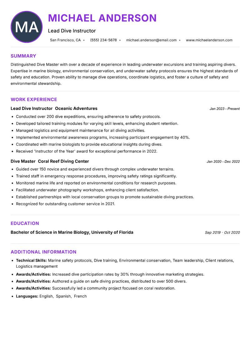 Dive Master resume example — ATS-friendly template