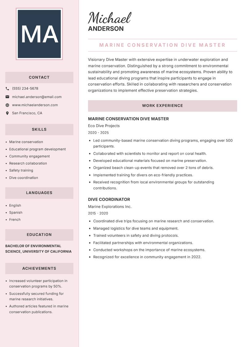 Dive Master resume template — Executive
